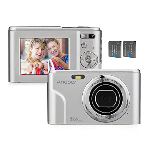 Andoer Portable Digital Camera 48MP 1080P 2.4-inch IPS Screen 16X Zoom Auto Focus Self-Timer 128GB Extended Memory Face Detection Anti-Shaking with 2pcs Batteries Hand Strap Carry Pouch