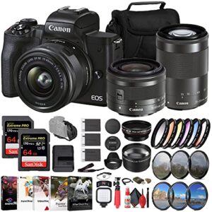 canon eos m50 mark ii mirrorless camera with 15-45mm and 55-200mm lenses (black) (4728c014) + 2 x 64gb memory card + color filter kit + filter kit + charger + 2 x lpe12 battery + more (renewed)