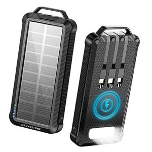 MauveStone Solar Power Bank - Portable Charger with LED Flashlight - Wireless Charging Enabled, with Built-In USB-C, Micro-USB & Cable Compatible with Apple & Android Phones - Waterproof