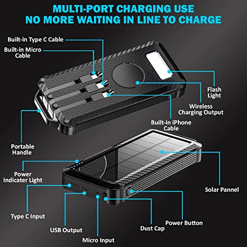 MauveStone Solar Power Bank - Portable Charger with LED Flashlight - Wireless Charging Enabled, with Built-In USB-C, Micro-USB & Cable Compatible with Apple & Android Phones - Waterproof