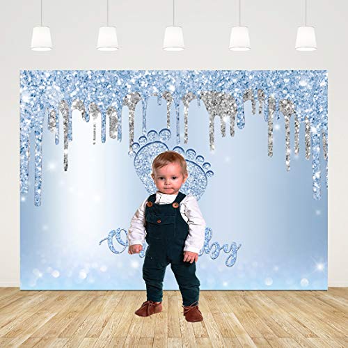 7x5ft Oh Baby Backdrops Baby Shower Background for Boy Oh Boy Little Feet Backdrop for Photography Glitter Blue Baby Shower Boys 1st Birthday Party Decor It's A Boy Baby Shower Banners Photo Props