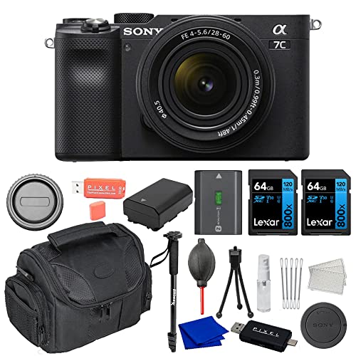 Sony Alpha a7C Compact Mirrorless Camera with FE 28–60 mm F4–5.6 Lens & Additional Accessories (Extra Batteries, 2X 64GB SDXC Memory Card, Gadget Bag, Monopod - 11 Items)