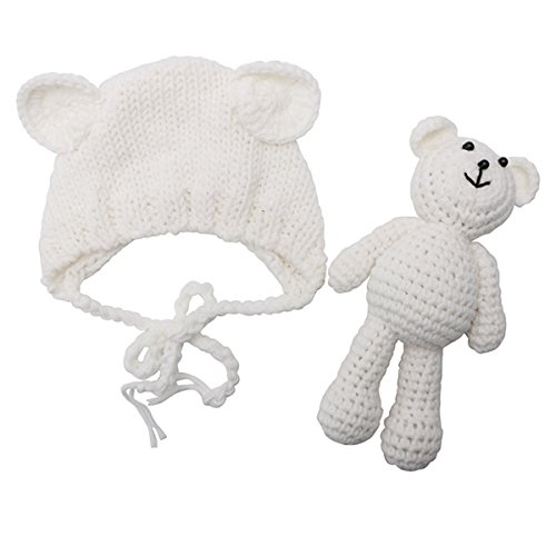 ECYC Newborn Baby Bear Hat Beanie with Bear Dolls Photography Accessories,White