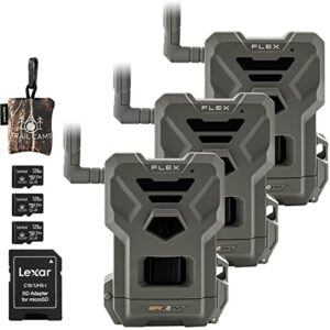 spypoint flex dual-sim cellular trail camera 33mp photos 1080p videos with sound and on-demand photo/video requests – gps enabled with bundle options (3 pk, classic bundle)