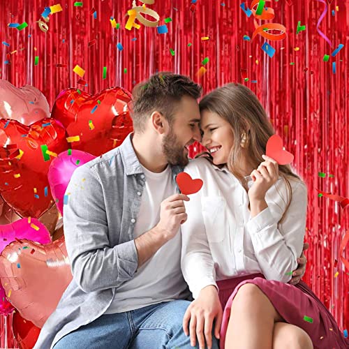 EUFARS Red Foil Fringe Curtains, Red Backdrop, Valentines Backdrops for Photography. 3Packs 3.2ft x 8.2ft Metallic Tinsel Curtains for Valentines Day Party Decorations