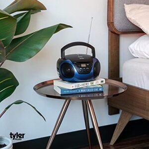 Tyler Portable CD Player Boombox Radio AM/FM Top Loading AC & Battery Compatible Aux Input & 3.5mm Headphone Jack Small Lightweight Compact Boom Box Home Stereo Speaker Carrying Handle Kids Room Blue