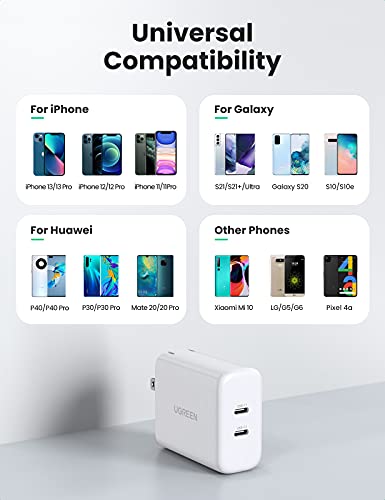 UGREEN 40W Dual Port USB C Charger Block with Foldable Plug, PD USB-C Power Adapter, Compatible with iPhone 14/iPhone 14 Pro Max, iPhone 13/12/11,iPad Mini/Pro, Airpods, Apple Watch, S22/S20