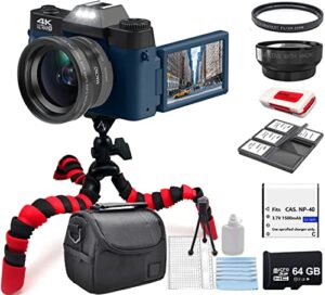 acuvar 4k 48mp digital camera kit for photography, vlogging camera for youtube with flip screen, wifi, wide angle & macro lens, 64gb micro sd card, 12″ flexible tripod, carrying case, card reader