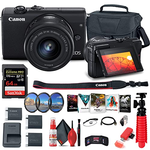 Canon EOS M200 Mirrorless Digital Camera with 15-45mm Lens (Black) (3699C009) + 64GB Memory Card + Case + Filter Kit + Corel Photo Software + LPE12 Battery + External Charger + Card Reader + More