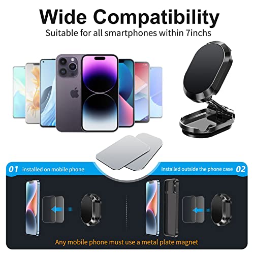 JTRSL Folding Magnetic Phone Holder,【Super Magnet】【with 2 Metal Plates】 Car Magnetic Phone Holder,【360° Rotation】 Universal Dashboard Car Holder for iPhone,Samsung and Other Phones (Black)