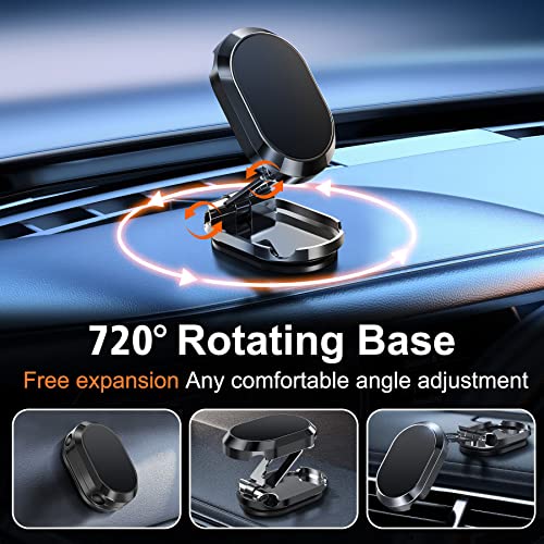 JTRSL Folding Magnetic Phone Holder,【Super Magnet】【with 2 Metal Plates】 Car Magnetic Phone Holder,【360° Rotation】 Universal Dashboard Car Holder for iPhone,Samsung and Other Phones (Black)