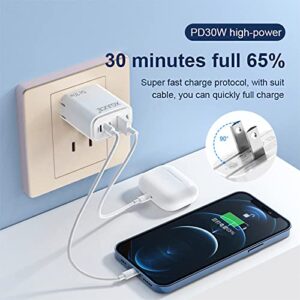 30W USB C Charger,Charger Block 3 Ports PD QC 3.0 Fast Charger Type Phone Brick Charger,Foldable Power Adapter USB Cable with USB-C to Lightning Cable for MacBook Pro Air/iPhone 14/13/12/11/iPad Pro
