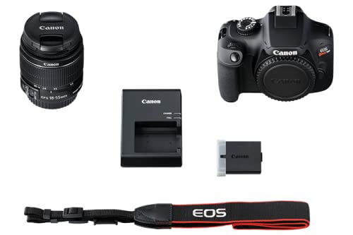Canon EOS Rebel T100 / 4000D DSLR Camera with 18-55mm Lens + 64GB Memory Card + Case + Card Reader + Flex Tripod + Hand Strap + Cap Keeper + Memory Wallet + Cleaning Kit (Renewed)