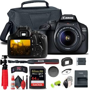 canon eos rebel t100 / 4000d dslr camera with 18-55mm lens + 64gb memory card + case + card reader + flex tripod + hand strap + cap keeper + memory wallet + cleaning kit (renewed)