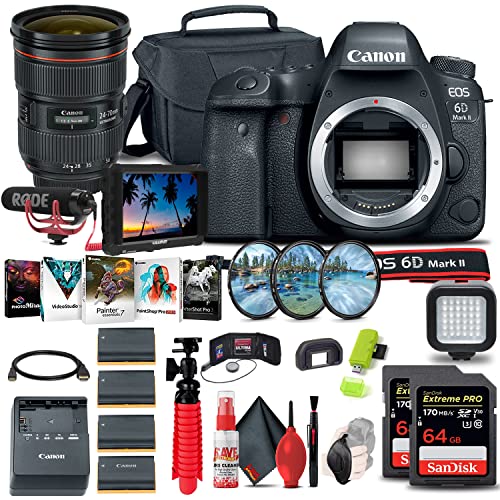 Canon EOS 6D Mark II DSLR Camera (Body Only) (1897C002) + 4K Monitor + Canon EF 24-70mm Lens + Pro Mic + Headphones + 2 x 64GB Card + Case + Filter Kit + Photo Software + More (Renewed)