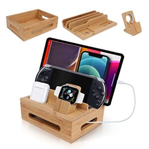 komonotown natural bamboo charging station for multiple devices, docking station organizer for iphone, smart watch, tablet, airpod – for bedside, desk (no usb hub)