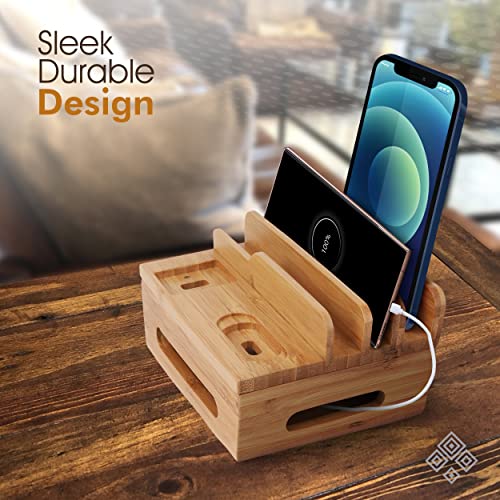 komonotown Natural Bamboo Charging Station for Multiple Devices, Docking Station Organizer for iPhone, Smart Watch, Tablet, Airpod - for Bedside, Desk (No USB Hub)