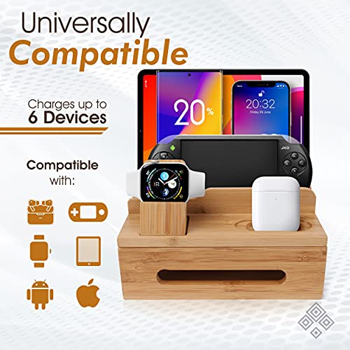 komonotown Natural Bamboo Charging Station for Multiple Devices, Docking Station Organizer for iPhone, Smart Watch, Tablet, Airpod - for Bedside, Desk (No USB Hub)