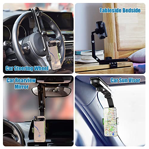 Sun Visor Phone Holder for Car, Multifunctional 360° Rotating Sun Visor Cell Phone Holder, Universal Retractable Rearview Mirror Steering Wheel Phone Clip Mount Compatible with iPhone/Samsung/Android