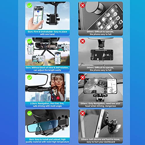 Phone Mount for Cars, 360°Rotatable and Retractable Car Phone Holder Mount Multifunctional Rearview Mirror Phone Holder Car Adjustable Cell Phone Holder for iPhone,Samsung,Huawei and All Smartphones