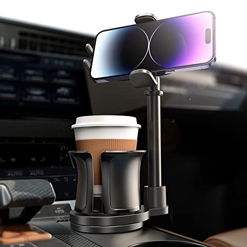 LISEN Cup Holder Expander Phone Mount for Car Tough 2-in-1 Cup Phone Holder for Car Mount, Adjustable Base & Clamp Cell Phone Holder for Car Fit Car, Truck, SUV, Tesla, Fit All iPhone & Android