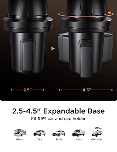 LISEN Cup Holder Expander Phone Mount for Car Tough 2-in-1 Cup Phone Holder for Car Mount, Adjustable Base & Clamp Cell Phone Holder for Car Fit Car, Truck, SUV, Tesla, Fit All iPhone & Android