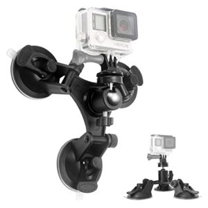 Triple Cup DSLR Camera Suction Mount w/Ball Head Compatible with Nikon Canon Sony DSLR/Camcorder + GoPro Hero 11 10 9 8 7 6 Sony Garmin Xiaomi Yi SJCAM Suction Cup Mount Car Mount Holder Window Mount