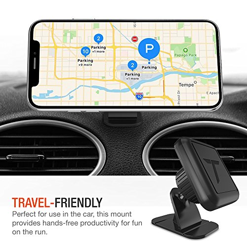 Trianium Magnetic Dash Car Mount Phone Holder Desk Stand Compatible with iPhone, Samsung, Huawei, Nokia, LG, Moto Smartphone, Stick-on Dashboard 3M-Adhesive Bendable Base and Metal Plate Included