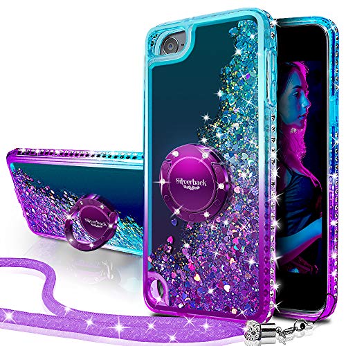 iPod Touch 7 Case, iPod Touch 6 Case, iPod Touch 5 Case, Silverback Girls Women Moving Liquid Holographic Glitter Case with Kickstand,Bling Diamond Case for Apple iPod Touch 6th / 5th 7th Gen -PR