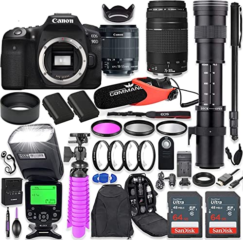 Canon EOS 90D DSLR Camera Kit with Canon 18-55mm & 75-300mm Lenses + 420-800mm Telephoto Zoom Lens + TTL Flash (Upto 180 Ft) + Commander Microphone + 128GB Memory + Accessory Bundle (Renewed)