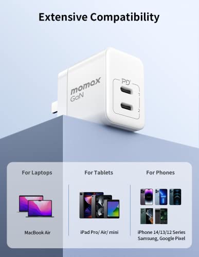 MOMAX GaN Charger, Dual Port 35W USB C GaN Charger with Foldable Plug, Compact GaN III PD 3.0 Charger, High Power Wall Charger for Laptops, MacBook, iPad Pro/Mini, iPhone 14/Max/Pro/Pro Max (White)