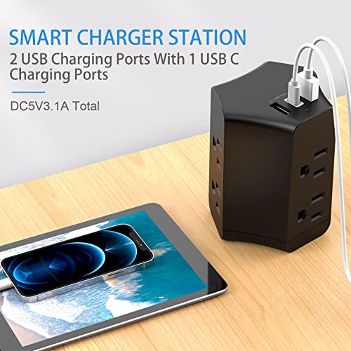 Power Strip Tower, Flat Extension Cord with 6 AC Outlets and 3 Extra Charging Ports, Surge Protector Power Strip Tower 5 FT, Flat Plug Power Strip 1250W, USB Charging Station for Home,Office,Dorm