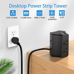 Power Strip Tower, Flat Extension Cord with 6 AC Outlets and 3 Extra Charging Ports, Surge Protector Power Strip Tower 5 FT, Flat Plug Power Strip 1250W, USB Charging Station for Home,Office,Dorm