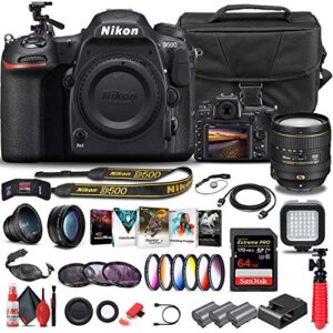 nikon d500 dslr camera (body only) (1559) + nikon 16-80mm lens + 64gb memory card + case + corel photo software + 2 x en-el 15 battery + led light + filter kit + wide angle lens + more (renewed)