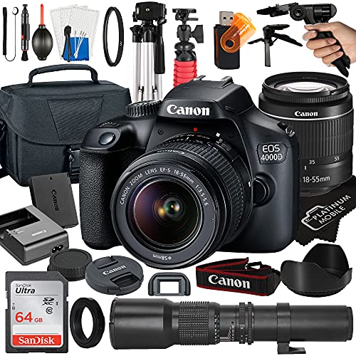 Canon EOS 4000D / Rebel T100 DSLR Camera with EF-S 18-55mm + 500mm Preset Manual Focus Lens + SanDisk 64GB Card + Tripod + Case + MegaAccessory Bundle (23pc Bundles) 500MM Preset Lens (Renewed)