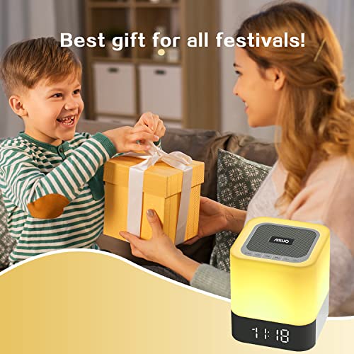 Aisuo Night Light-5 in 1 Bedside Lamp with Bluetooth Speaker, 12/24H Digital Calendar Alarm Clock, Touch Control, Support TF and SD Card, Music Player, Gift for Girls Boys Teens.