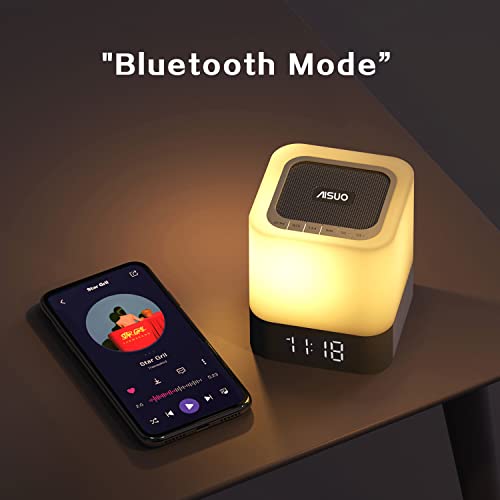 Aisuo Night Light-5 in 1 Bedside Lamp with Bluetooth Speaker, 12/24H Digital Calendar Alarm Clock, Touch Control, Support TF and SD Card, Music Player, Gift for Girls Boys Teens.