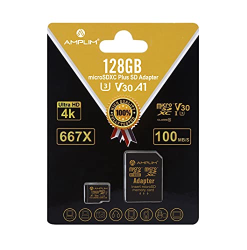 Amplim 128GB Micro SD Card, Extreme High Speed MicroSD Memory Plus Adapter, MicroSDXC SDXC U3 Class 10 V30 UHS-I TF Nintendo-Switch, Go Pro Hero, Surface, Phone Galaxy, Camera Security Cam, Tablet