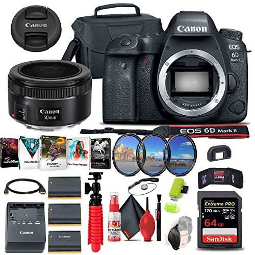 Canon EOS 6D Mark II DSLR Camera (Body Only) (1897C002), Canon EF 50mm Lens, 64GB Memory Card, Case, Filter Kit, Photo Software, LPE6 Battery, Flex Tripod + More (Renewed)