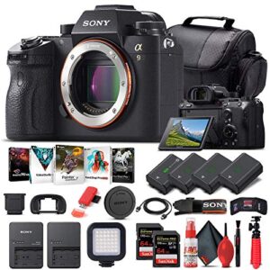 Sony Alpha a9 Mirrorless Digital Camera (Body Only) (ILCE9/B) + 2 x 64GB Memory Card + 3 x NP-FZ-100 Battery + Corel Photo Software + Case + External Charger + Card Reader + LED Light + More (Renewed)