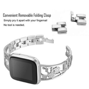 Mtozon Stainless Steel Bands Compatible with Fitbit Versa 2/Versa Lite/Versa for Women, Luxurious Bling Bracelet with Rhinestone Metal Wristbands, Silver