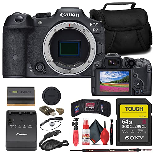 Canon EOS R7 Mirrorless Camera (5137C002) + Sony 64GB Tough SD Card + Bag + Card Reader + Flex Tripod + Hand Strap + Memory Wallet + Cap Keeper + Cleaning Kit (Renewed)