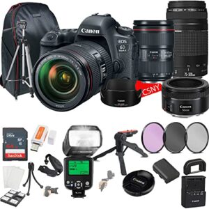 canon eos 6d mark ii dslr camera w/ef 24-105mm f/4l is ii + 75-300mm f/4-5.6 iii + ef 50mm f/1.8 stm lenses + 64gb memory + back pack case + tripod, ttl flash, filters, & more (28pc bundle)