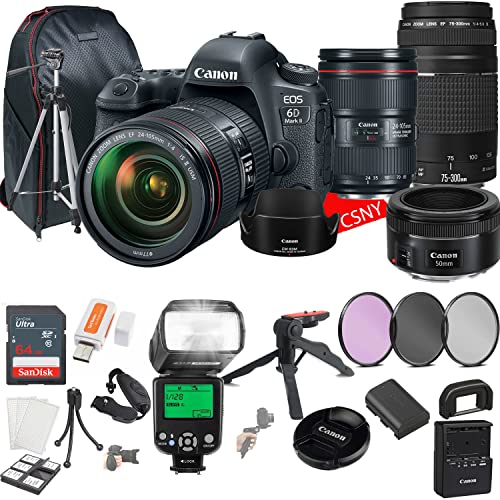 Canon EOS 6D Mark II DSLR Camera w/EF 24-105mm F/4L is II + 75-300mm F/4-5.6 III + EF 50mm F/1.8 STM Lenses + 64GB Memory + Back Pack Case + Tripod, TTL Flash, Filters, & More (28pc Bundle)