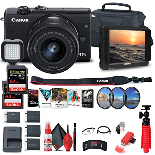 Canon EOS M200 Mirrorless Digital Camera with 15-45mm Lens (Black) (3699C009), 4K Monitor, 2 x 64GB Memory Card, Case, Filter Kit, Corel Photo Software, 3 x LPE12 Battery + More (Renewed)