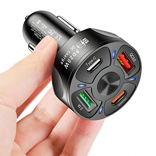 Car Charger Adapter, 4 Ports USB Fast Charger with LED Light Display, QC3.0 Adapter Mini Cigarette Lighter, 20W Charger Station Compatible with iPhone Android Samsung Galaxy and More (Black-2/1PCS)