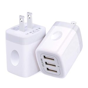usb wall charger(2pack), ailkin 3.1a/3-port quick charging power adapter, usb plug cube box block base for iphone 14 13 pro max/12/11/10/x/xr/xs/8/7, ipad, samsung galaxy, google pixel charging brick