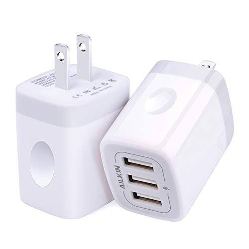 USB Wall Charger(2Pack), AILKIN 3.1A/3-Port Quick Charging Power Adapter, USB Plug Cube Box Block Base for iPhone 14 13 Pro Max/12/11/10/X/XR/XS/8/7, iPad, Samsung Galaxy, Google Pixel Charging Brick