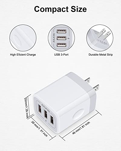 USB Wall Charger(2Pack), AILKIN 3.1A/3-Port Quick Charging Power Adapter, USB Plug Cube Box Block Base for iPhone 14 13 Pro Max/12/11/10/X/XR/XS/8/7, iPad, Samsung Galaxy, Google Pixel Charging Brick