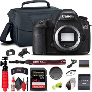 canon eos 5ds dslr camera (body only) (0581c002) + 64gb memory card + case + card reader + flex tripod + hand strap + cap keeper + memory wallet + cleaning kit (renewed)